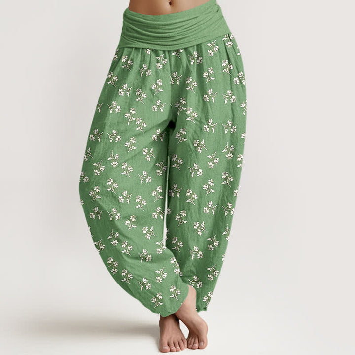 Buddha Stones Cotton Ditsy White Floral Pattern Women's Elastic Waist Harem Pants - LightGreen - US16，UK/AU20，EU48 (3XL) - image 3