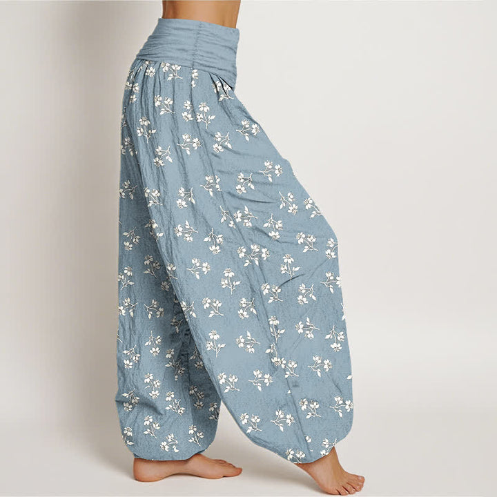 Buddha Stones Cotton Ditsy White Floral Pattern Women's Elastic Waist Harem Pants - image 7