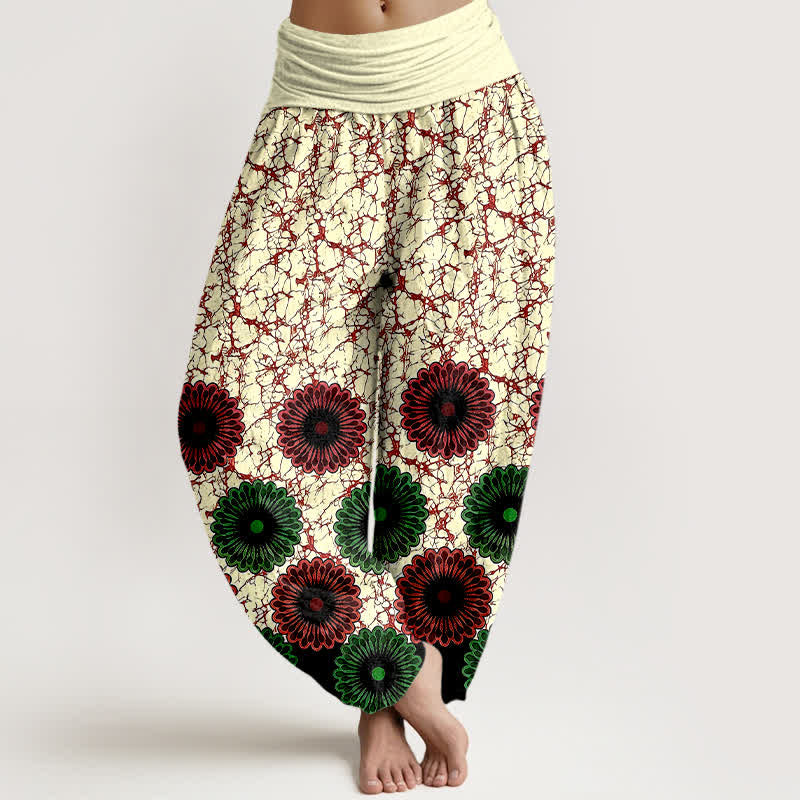 Buddha Stones Pure Cotton Sunburst Floral Pattern Women's Elastic Waist Harem Pants - DarkRed - US16，UK/AU20，EU48 (3XL) - image 6