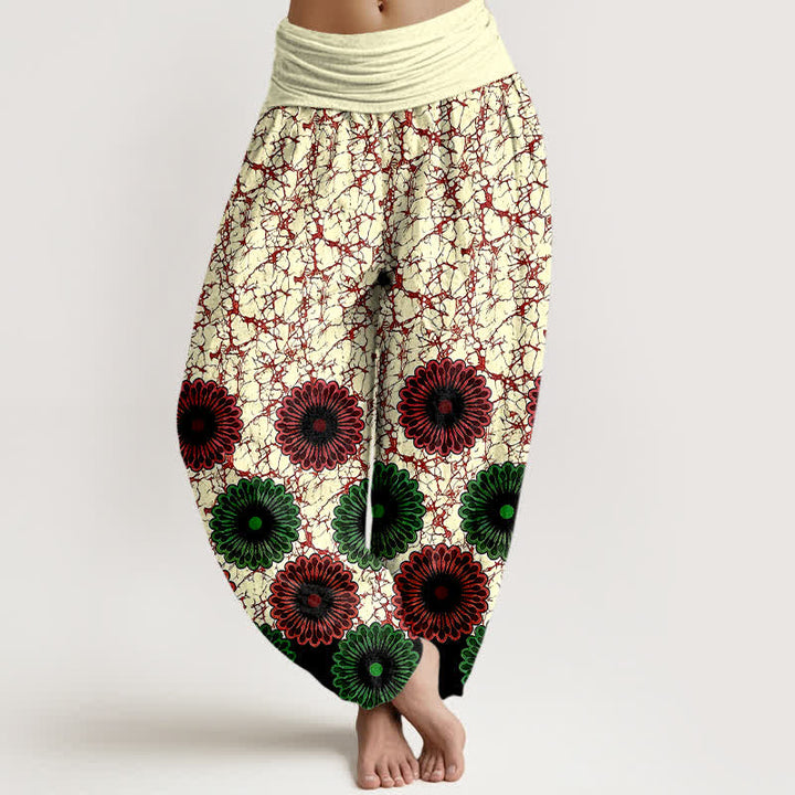 Buddha Stones Pure Cotton Sunburst Floral Pattern Women's Elastic Waist Harem Pants - DarkRed - US16，UK/AU20，EU48 (3XL) - image 6