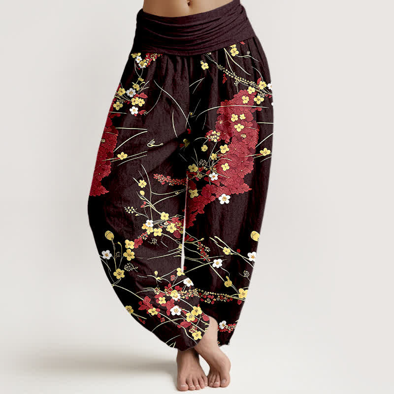 Buddha Stones Pure Cotton Floral Leaf Pattern Women's Elastic Waist Harem Pants - FireBrick - US16，UK/AU20，EU48 (3XL) - image 3