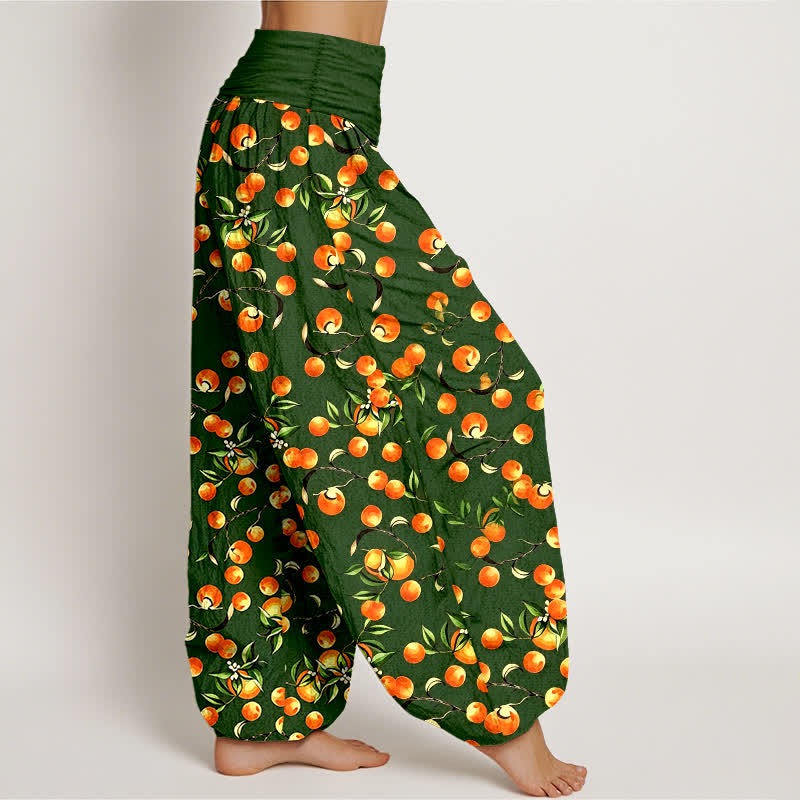 Buddha Stones Pure Cotton Mandarin Fruit Leaf Pattern Women's Elastic Waist Harem Pants - image 1