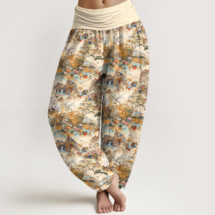 Buddha Stones Cotton Oriental Landscape Pattern Women's Elastic Waist Harem Pants - PaleGoldenrod - US16，UK/AU20，EU48 (3XL) - image 0