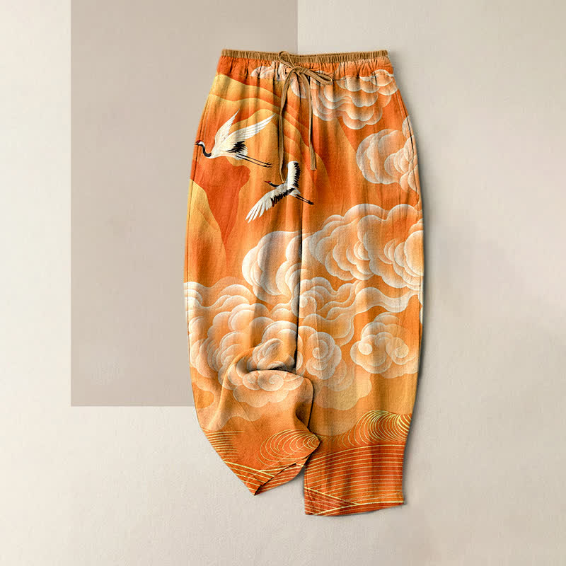 Buddha Stones Pure Cotton Flying Crane Cloud Gradient Pattern Women's Elastic Waist Pants With Pockets - Orange - US16，UK/AU20，EU48 (3XL) - image 3