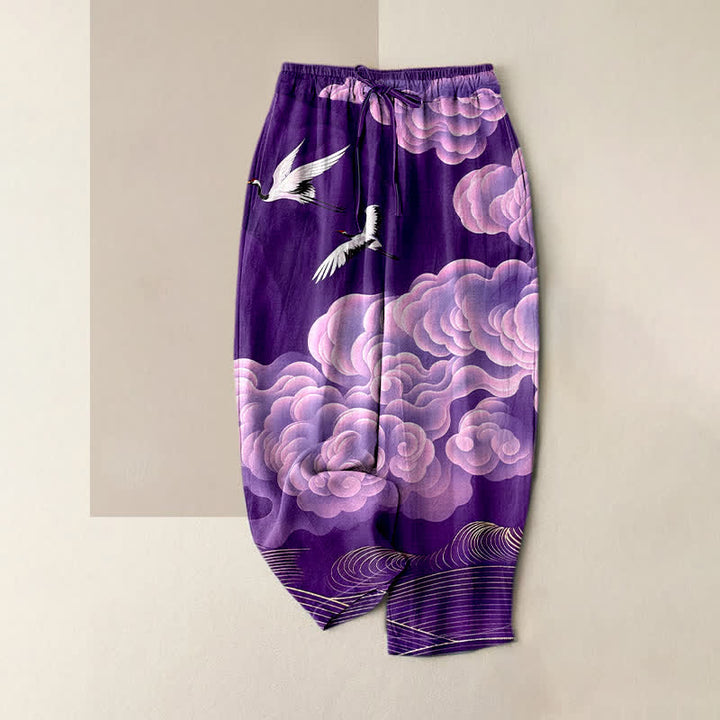 Buddha Stones Pure Cotton Flying Crane Cloud Gradient Pattern Women's Elastic Waist Pants With Pockets - Purple - US16，UK/AU20，EU48 (3XL) - image 4