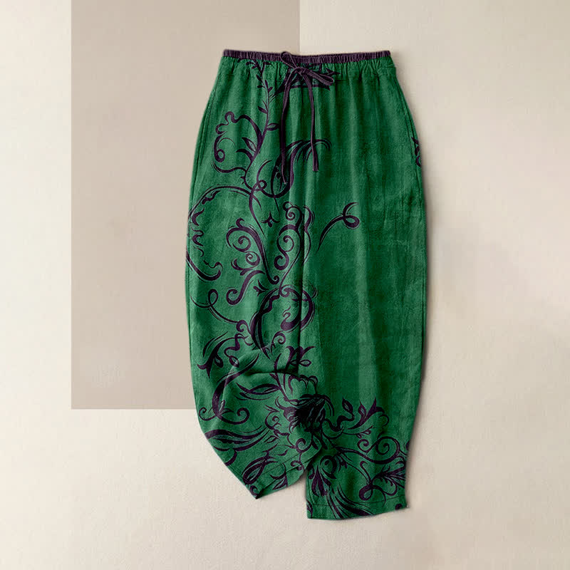 Buddha Stones Cotton Vine Scroll Pattern Women's Elastic Waist Pants With Pockets - ForestGreen - US16，UK/AU20，EU48 (3XL) - image 4