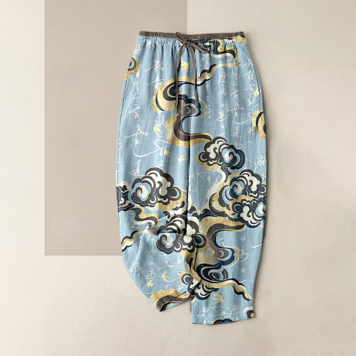 Buddha Stones Pure Cotton Oriental Cloud Calligraphy Pattern Women's Elastic Waist Pants With Pockets - PowderBlue - US16，UK/AU20，EU48 (3XL) - image 3