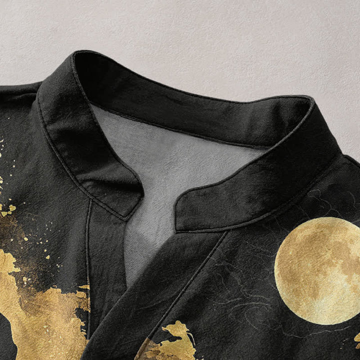 Buddha Stones Cotton Golden Moon Landscape Pattern Men's Short Sleeve Half Button Shirt - image 2