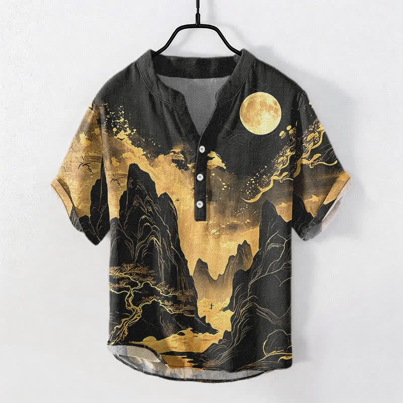 Buddha Stones Cotton Golden Moon Landscape Pattern Men's Short Sleeve Half Button Shirt - Black - US/UK/AU50，EU60 (5XL) - image 0