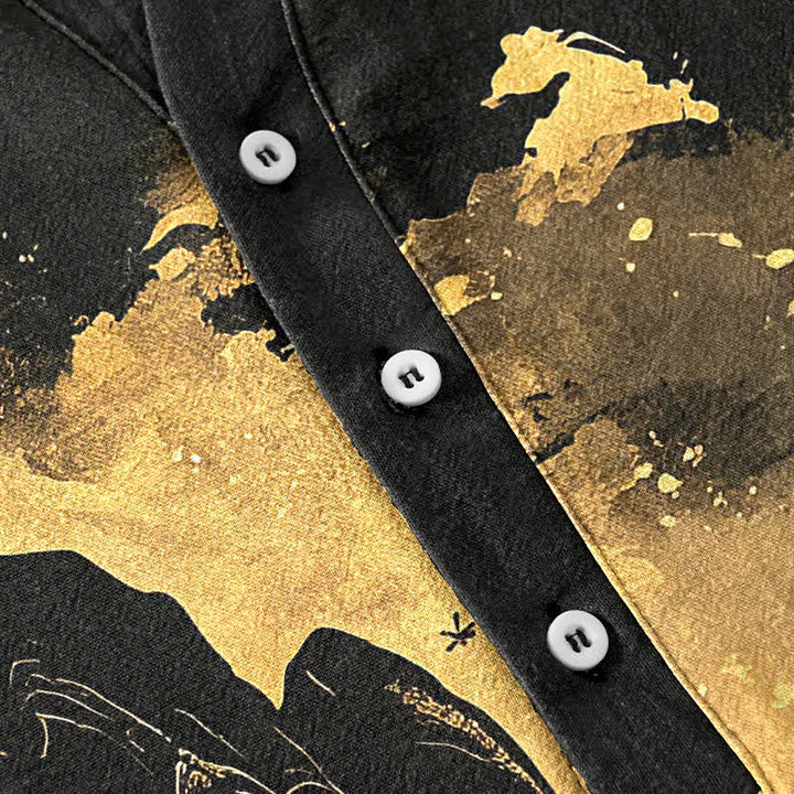 Buddha Stones Cotton Golden Moon Landscape Pattern Men's Short Sleeve Half Button Shirt - image 4