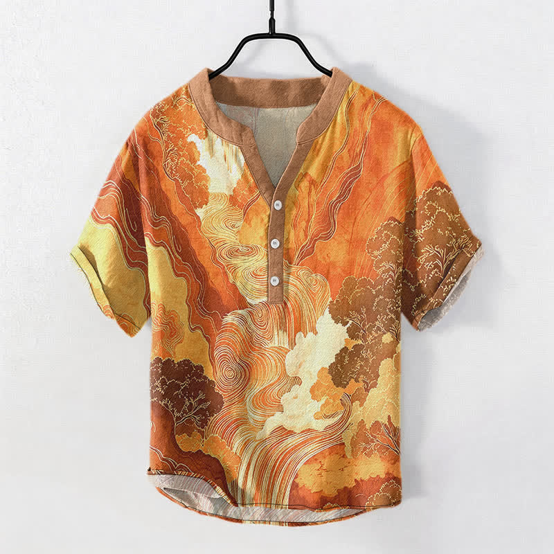 Buddha Stones Cotton Oriental Ink Landscape Pattern Men's Short Sleeve Half Button Shirt - SandyBrown - US/UK/AU50，EU60 (5XL) - image 5