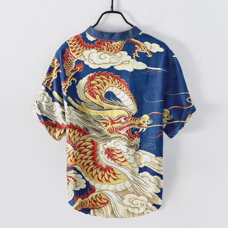 Buddha Stones Cotton Golden Dragon Pattern Men's Short Sleeve Half Button Shirt - image 4