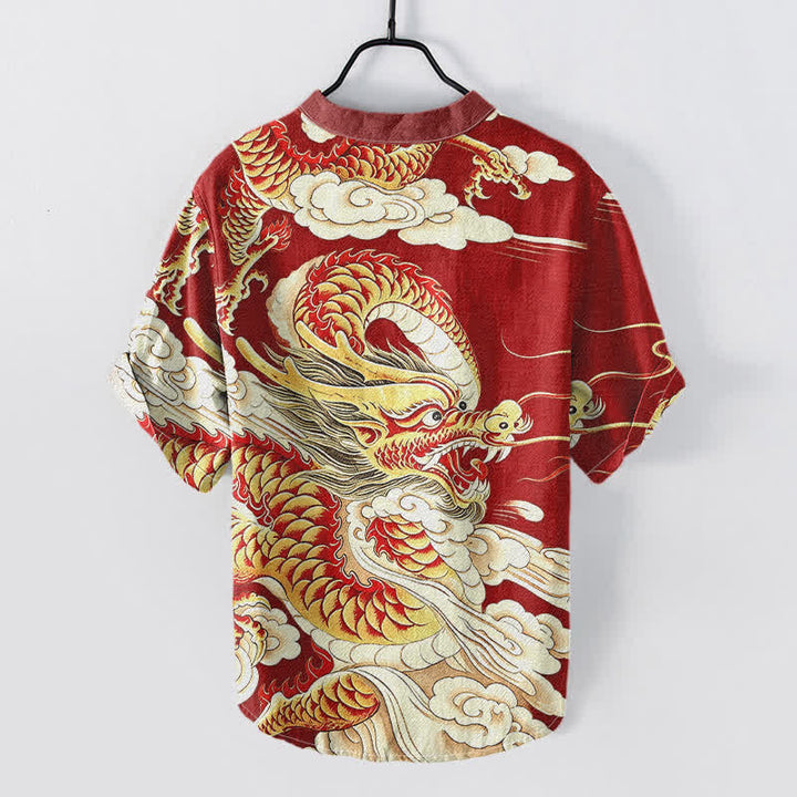 Buddha Stones Cotton Golden Dragon Pattern Men's Short Sleeve Half Button Shirt - image 6