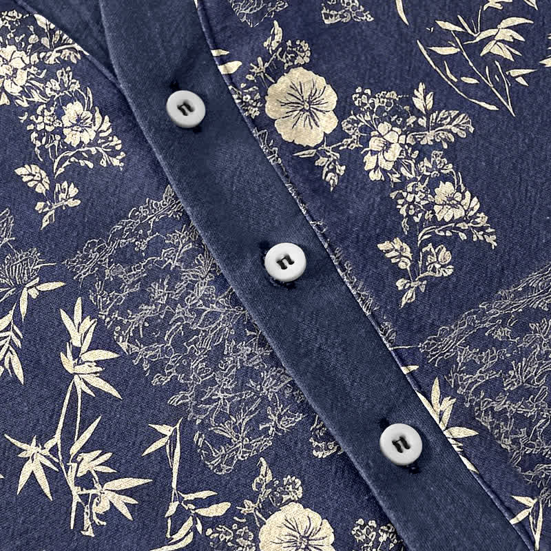 Buddha Stones Cotton Bamboo Floral Patchwork Pattern Men's Short Sleeve Half Button Shirt - image 4