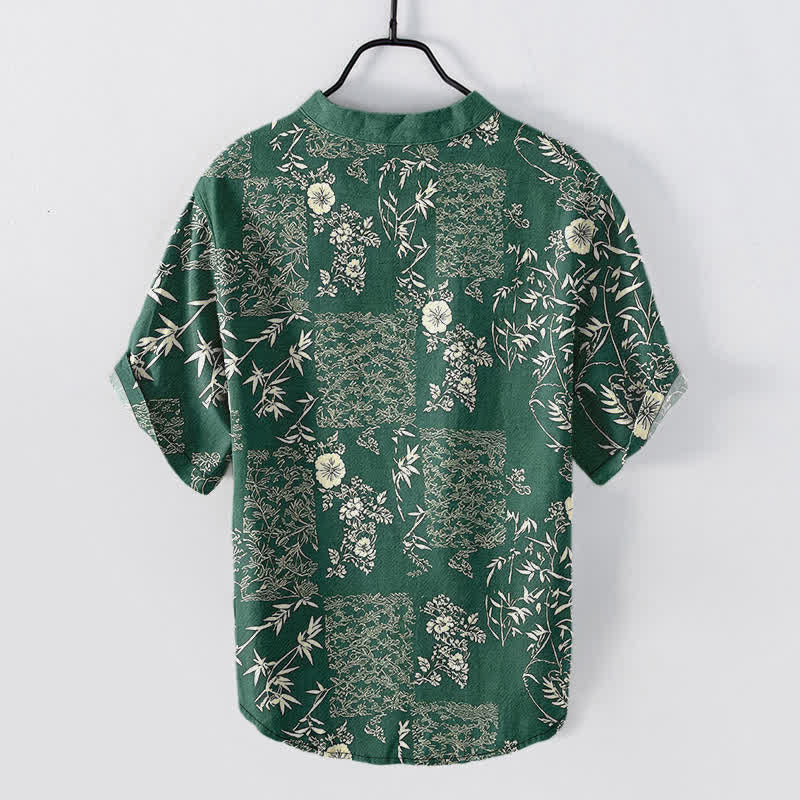 Buddha Stones Cotton Bamboo Floral Patchwork Pattern Men's Short Sleeve Half Button Shirt - image 6