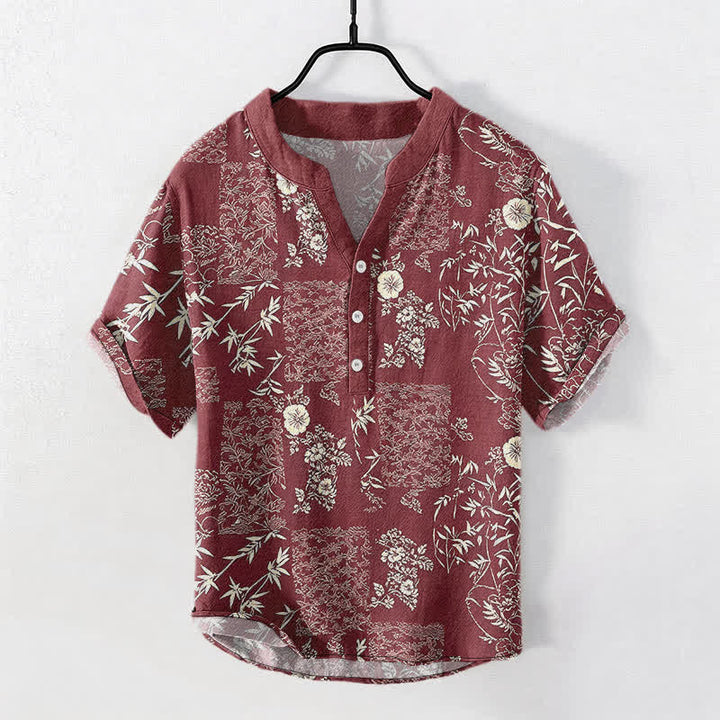 Buddha Stones Cotton Bamboo Floral Patchwork Pattern Men's Short Sleeve Half Button Shirt - Maroon - US/UK/AU50，EU60 (5XL) - image 7