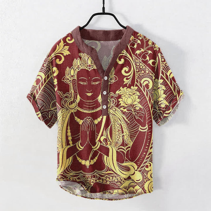 Buddha Stones Cotton Golden Buddha Icon Pattern Men's Short Sleeve Half Button Shirt - Maroon - US/UK/AU50，EU60 (5XL) - image 7