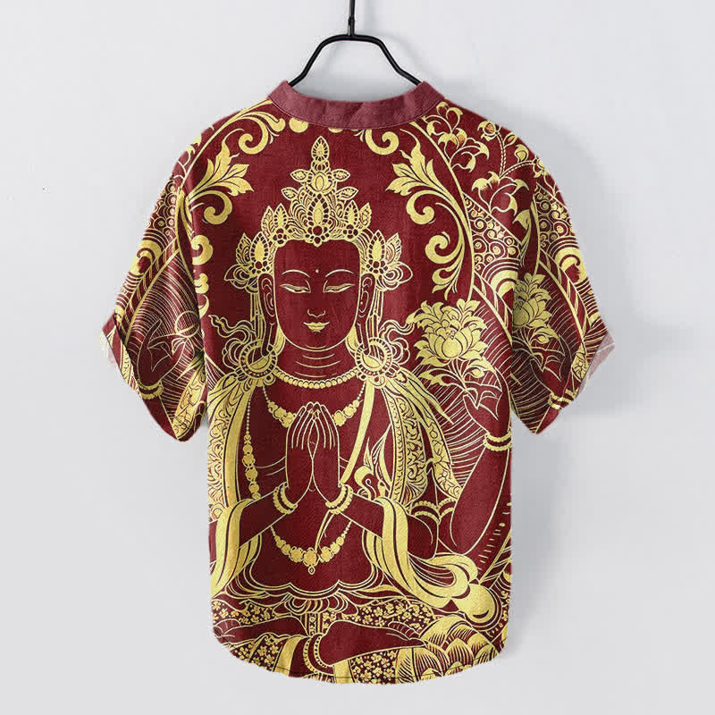 Buddha Stones Cotton Golden Buddha Icon Pattern Men's Short Sleeve Half Button Shirt - image 8