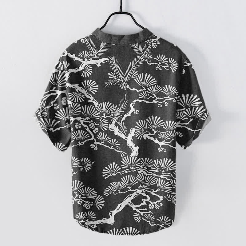 Buddha Stones Cotton White Pine Needle Botanical Pattern Men's Short Sleeve Half Button Shirt - image 1