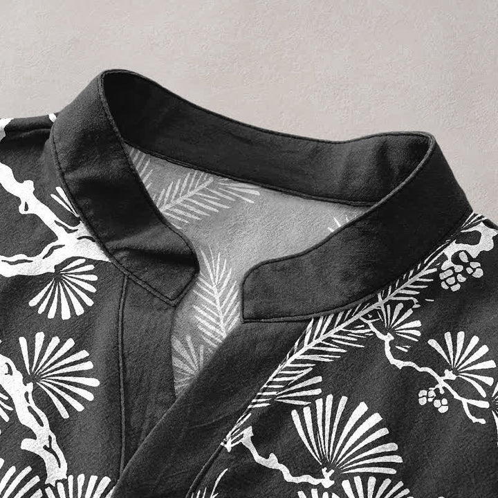 Buddha Stones Cotton White Pine Needle Botanical Pattern Men's Short Sleeve Half Button Shirt - image 2