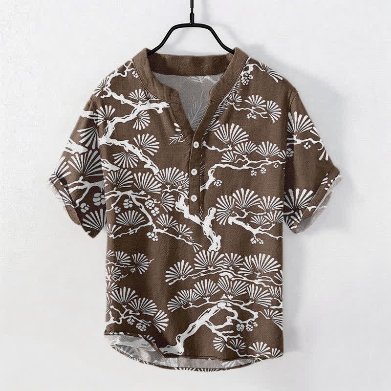 Buddha Stones Cotton White Pine Needle Botanical Pattern Men's Short Sleeve Half Button Shirt - SaddleBrown - US/UK/AU50，EU60 (5XL) - image 5