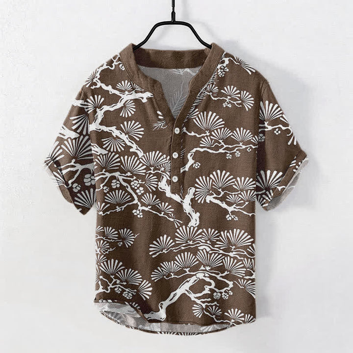 Buddha Stones Cotton White Pine Needle Botanical Pattern Men's Short Sleeve Half Button Shirt - SaddleBrown - US/UK/AU50，EU60 (5XL) - image 5