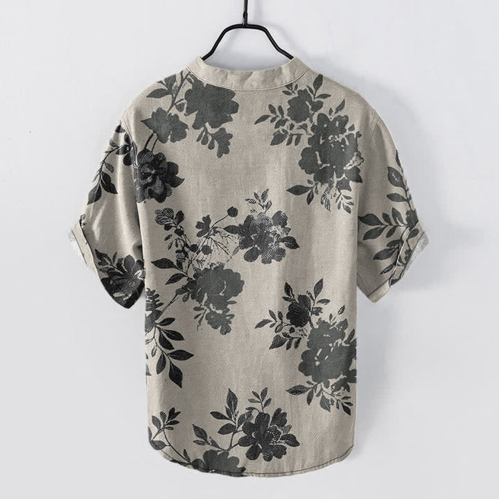 Buddha Stones Cotton Oversized Charcoal Floral Pattern Men's Short Sleeve Half Button Shirt - image 1