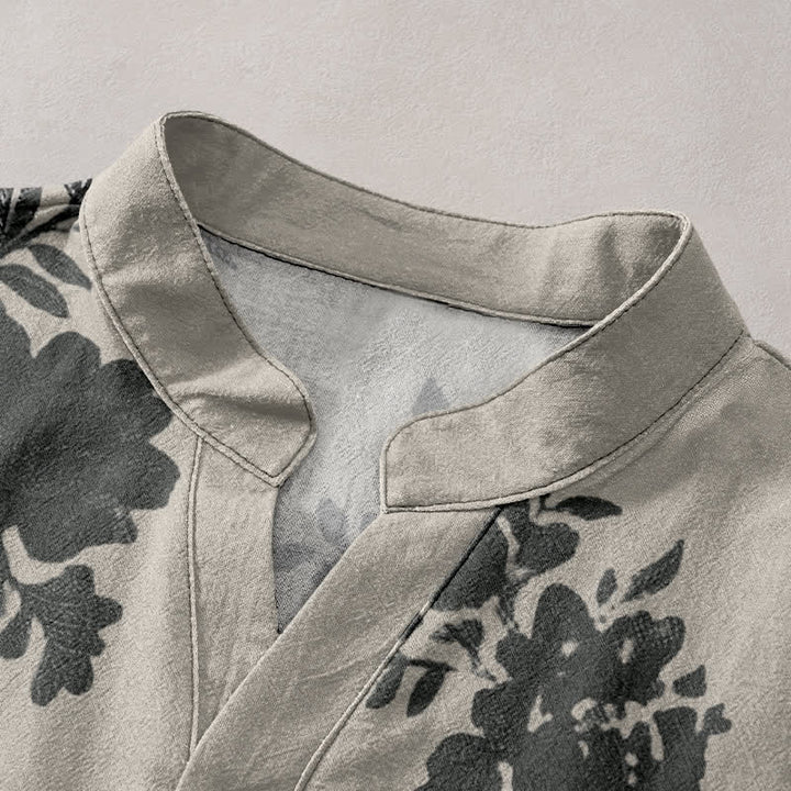 Buddha Stones Cotton Oversized Charcoal Floral Pattern Men's Short Sleeve Half Button Shirt - image 2