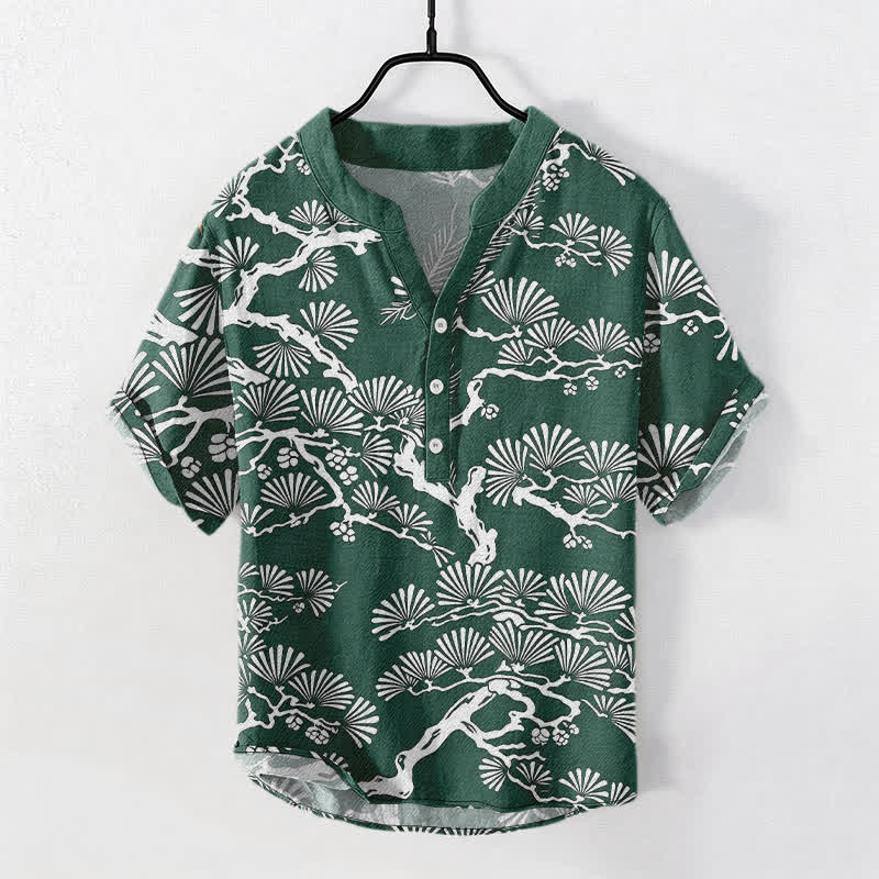 Buddha Stones Cotton White Pine Needle Botanical Pattern Men's Short Sleeve Half Button Shirt - SeaGreen - US/UK/AU50，EU60 (5XL) - image 7
