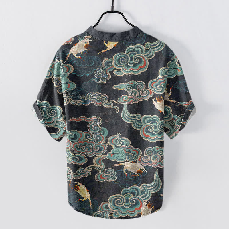 Buddha Stones Cotton Koi Fish Lotus Pattern Men's Short Sleeve Half Button Shirt - image 1