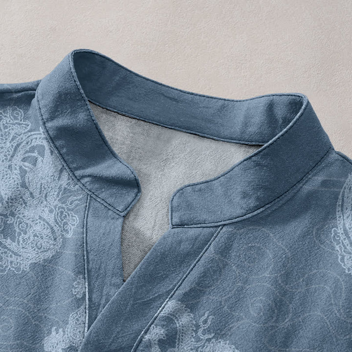Buddha Stones Cotton Faded Indigo Dragon Pattern Men's Short Sleeve Half Button Shirt - image 2