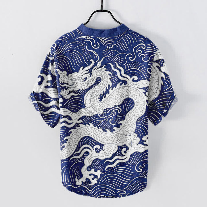 Buddha Stones Cotton White Dragon Wave Pattern Men's Short Sleeve Half Button Shirt - image 8