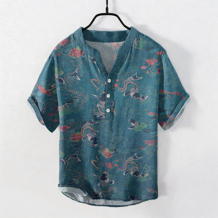 Buddha Stones Cotton Koi Fish Lotus Pattern Men's Short Sleeve Half Button Shirt - Teal - US/UK/AU50，EU60 (5XL) - image 7