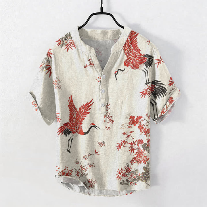 Buddha Stones Cotton Red Crane Floral Pattern Men's Short Sleeve Half Button Shirt - Linen - US/UK/AU50，EU60 (5XL) - image 0