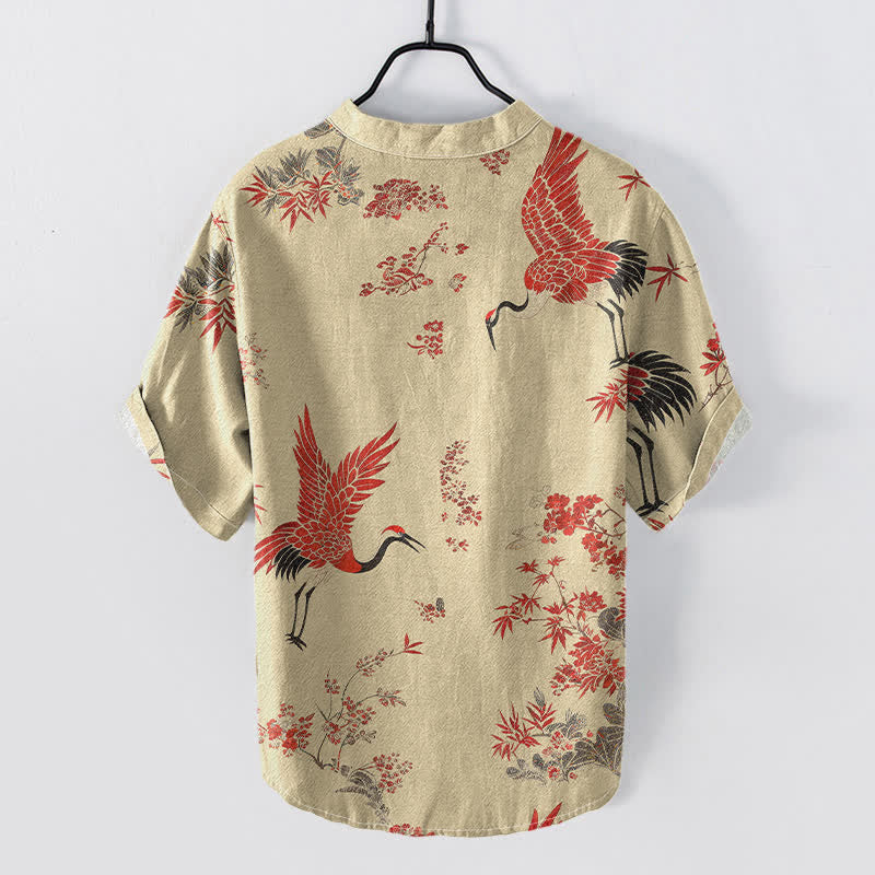 Buddha Stones Cotton Red Crane Floral Pattern Men's Short Sleeve Half Button Shirt - image 6