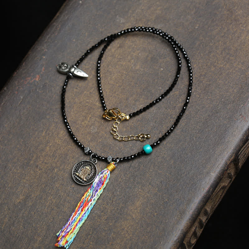 Buddha Stones Black Spinel Turquoise Beads Strength Necklace - Colorful Rope - image 6