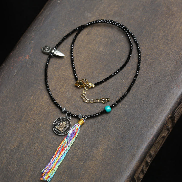 Buddha Stones Black Spinel Turquoise Beads Strength Necklace - Colorful Rope - image 6