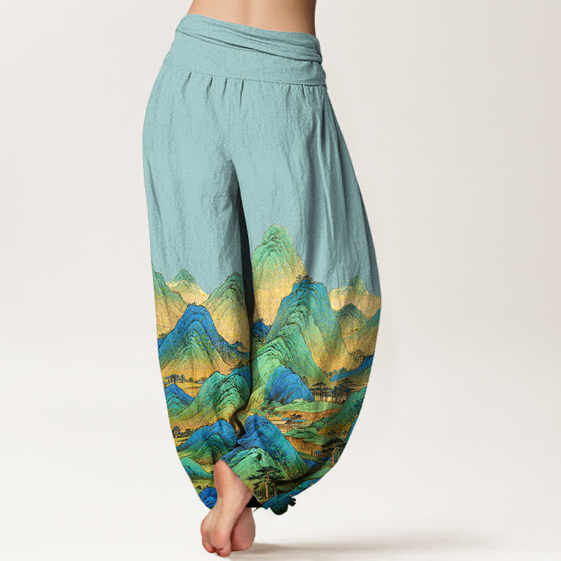 Buddha Stones Pure Cotton Blue Green Mountain Landscape Pattern Women's Elastic Waist Harem Pants - image 1