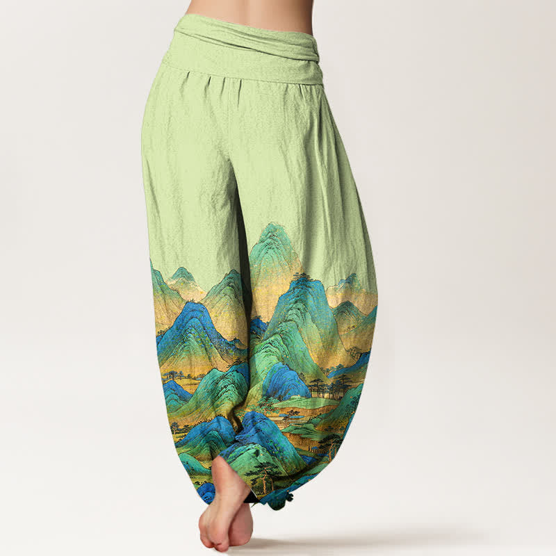 Buddha Stones Pure Cotton Blue Green Mountain Landscape Pattern Women's Elastic Waist Harem Pants - image 9