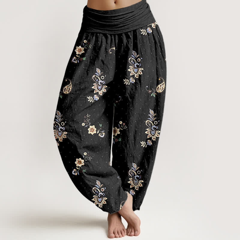 Buddha Stones Pure Cotton Boho Paisley Floral Pattern Women's Elastic Waist Harem Pants - Black - US16，UK/AU20，EU48 (3XL) - image 0