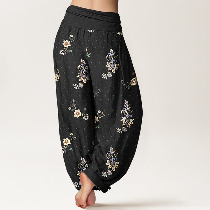 Buddha Stones Pure Cotton Boho Paisley Floral Pattern Women's Elastic Waist Harem Pants - image 1