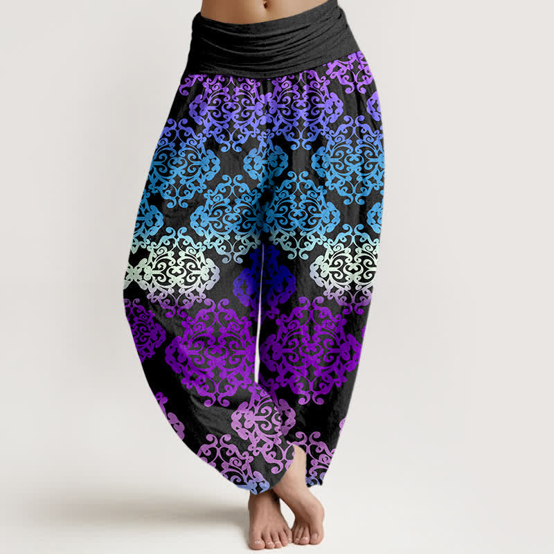Buddha Stones Pure Cotton Baroque Gradient Floral Pattern Women's Elastic Waist Harem Pants - DarkViolet - US16，UK/AU20，EU48 (3XL) - image 0