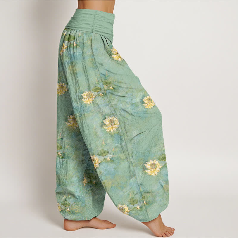 Buddha Stones Cotton Yellow Lotus Scatter Pattern Women's Elastic Waist Harem Pants - image 2