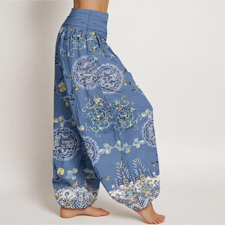 Buddha Stones Cotton Indigo Medallion Dragon Pattern Women's Elastic Waist Harem Pants - image 7