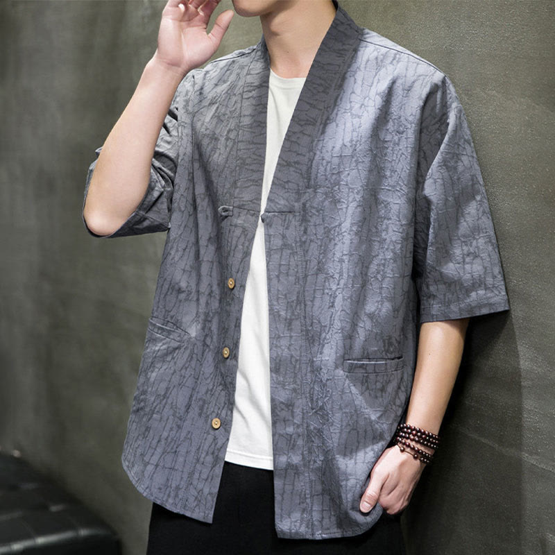 Buddha Stones Summer V-Neck Buttons Shattered Pattern Men's Short Sleeve Shirt With Pockets - image 1