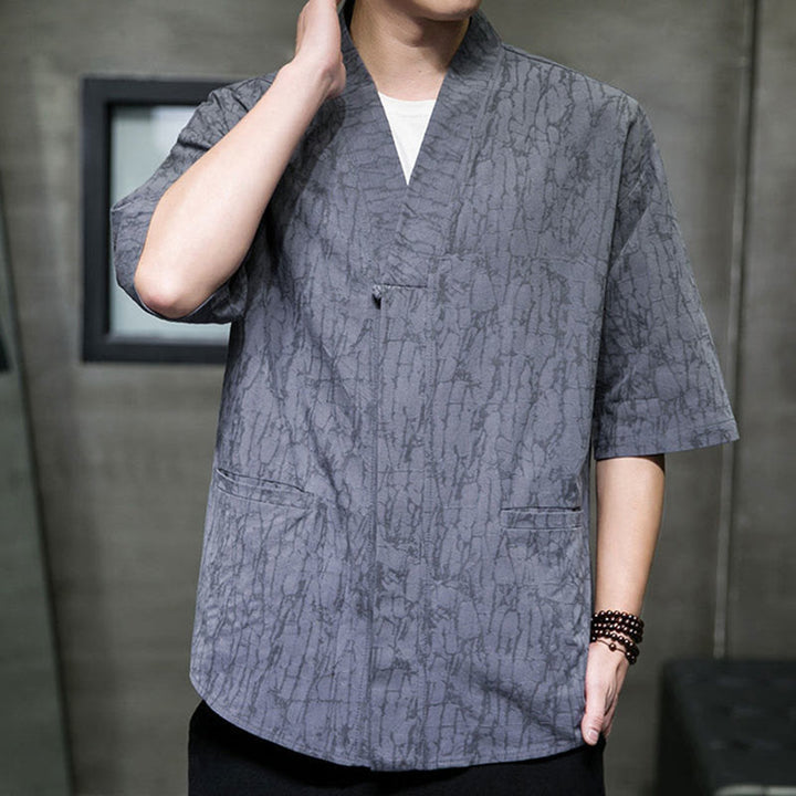 Buddha Stones Summer V-Neck Buttons Shattered Pattern Men's Short Sleeve Shirt With Pockets - image 6