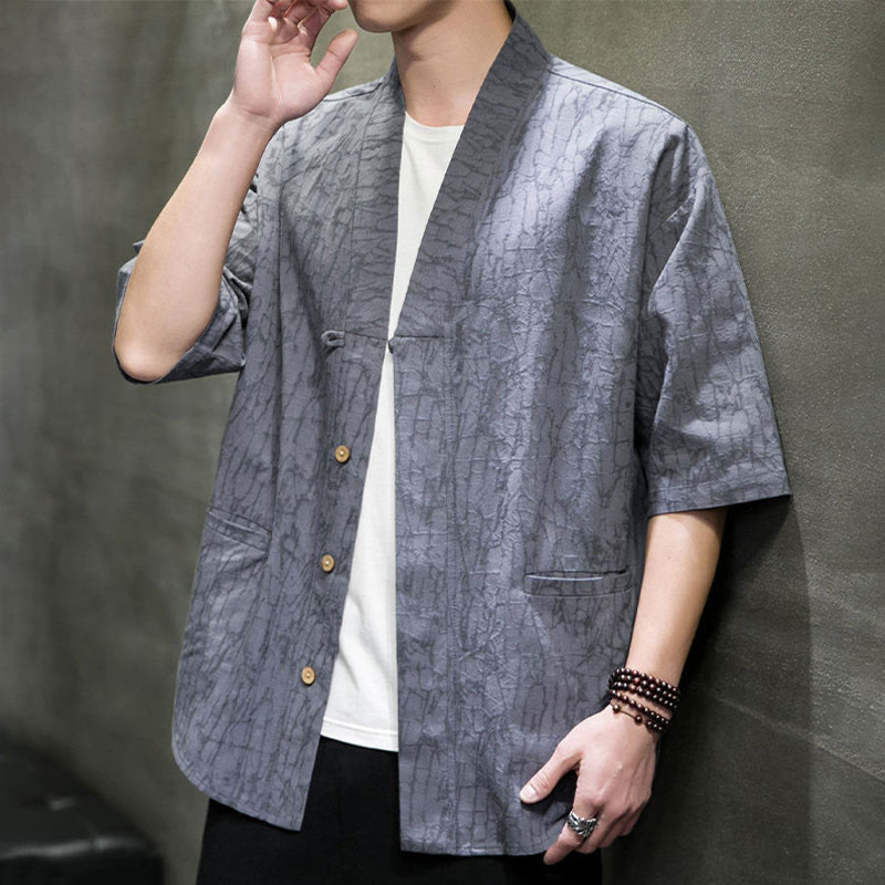 Buddha Stones Summer V-Neck Buttons Shattered Pattern Men's Short Sleeve Shirt With Pockets - image 8