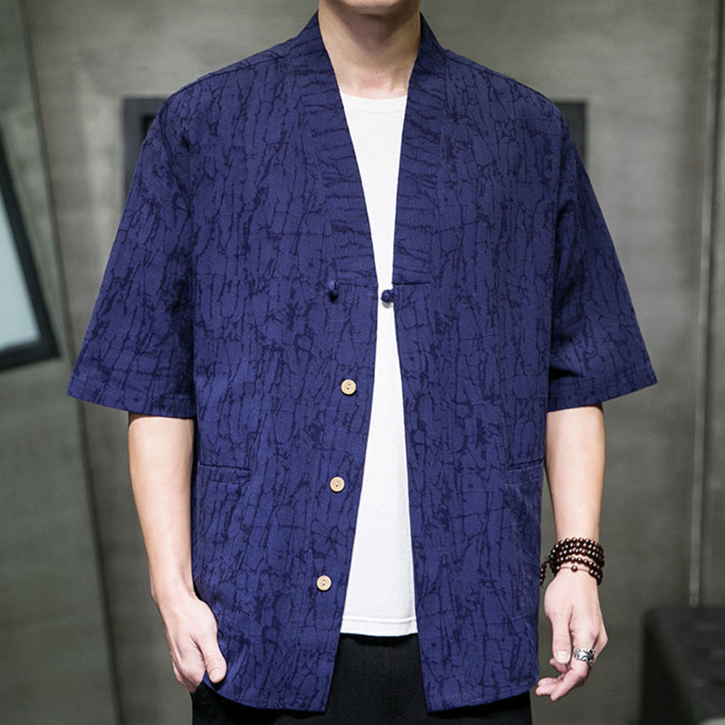 Buddha Stones Summer V-Neck Buttons Shattered Pattern Men's Short Sleeve Shirt With Pockets - Navy - US/UK/AU46，EU56 (5XL) - image 13