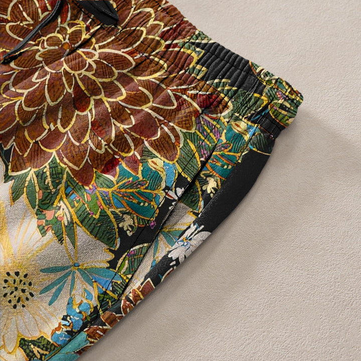 Buddha Stones Cotton Peony Chrysanthemum Turquoise Floral Pattern Men's Tapered Pants With Pockets - image 2