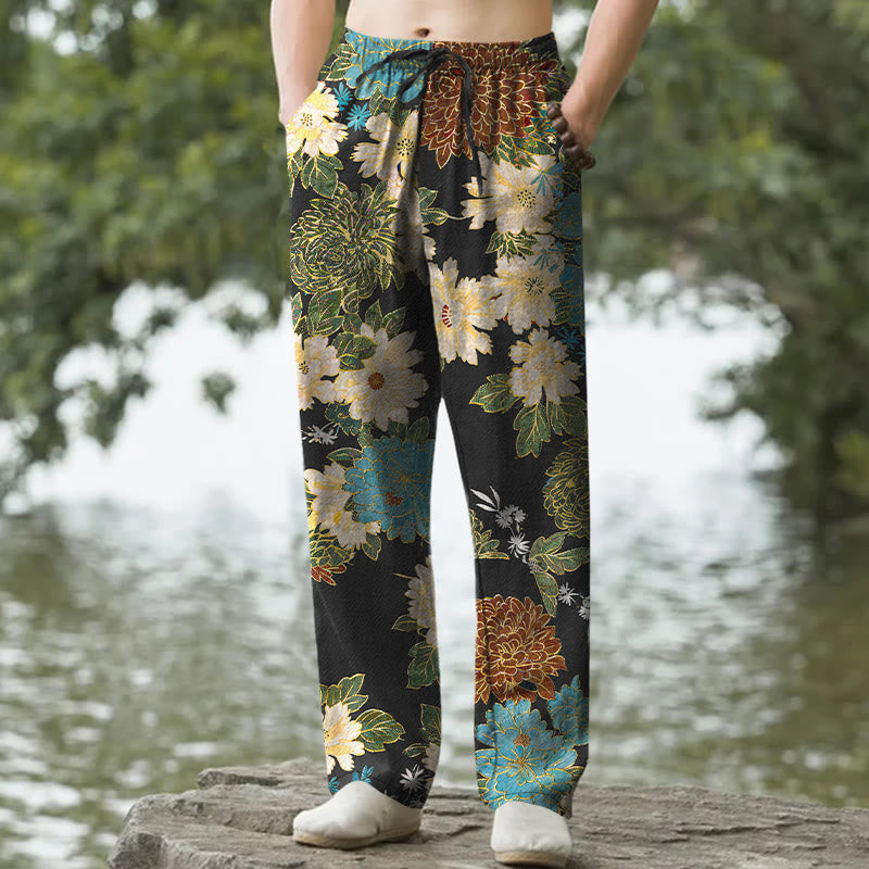 Buddha Stones Cotton Peony Chrysanthemum Turquoise Floral Pattern Men's Tapered Pants With Pockets - Black - US/UK/AU50，EU60 (5XL) - image 0